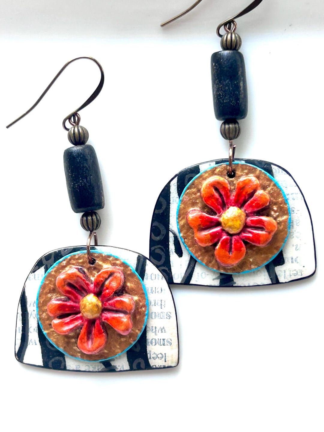 Handmade Art Earrings, Paper Pulp Flower Charm, Hand Painted ...