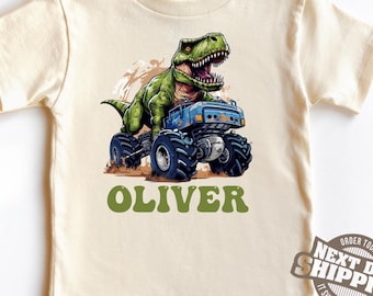 Camiseta personalizada de dinosaurio y camión monstruo para niños pequeños, camiseta personalizada con nombre para niños, camiseta para niños de T-Rex y camión monstruo, regalo de cumpleaños personalizado para camiseta