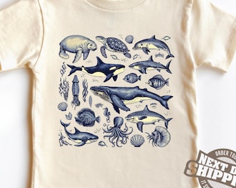 Ocean Animals Toddler T-Shirt, Sea Life Kids Shirt, Marine Creatures Tee for Boys Girls, Whale, Shark, Turtle, Octopus, Ocean Lover Shirt