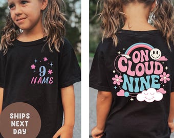 On Cloud Nine Birthday Shirt, Personalized 9th Birthday Tee with Name, Retro Girl Birthday Shirt, Custom Age, Happy 9th Birthday 9 Years Old