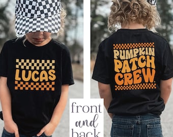 パーソナライズされたパンプキンパッチクルーシャツ、キッズ秋服、幼児用Tシャツ、ハロウィンシャツ、秋の雰囲気、お揃いのハロウィンシャツ、男の子への秋のギフト
