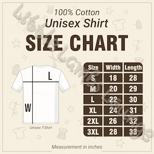 May include: A size chart for a unisex t-shirt, made of 100% cotton. The chart shows measurements in inches for sizes S to 3XL. The width of a size L shirt is 22 inches, and the length is 30 inches.
