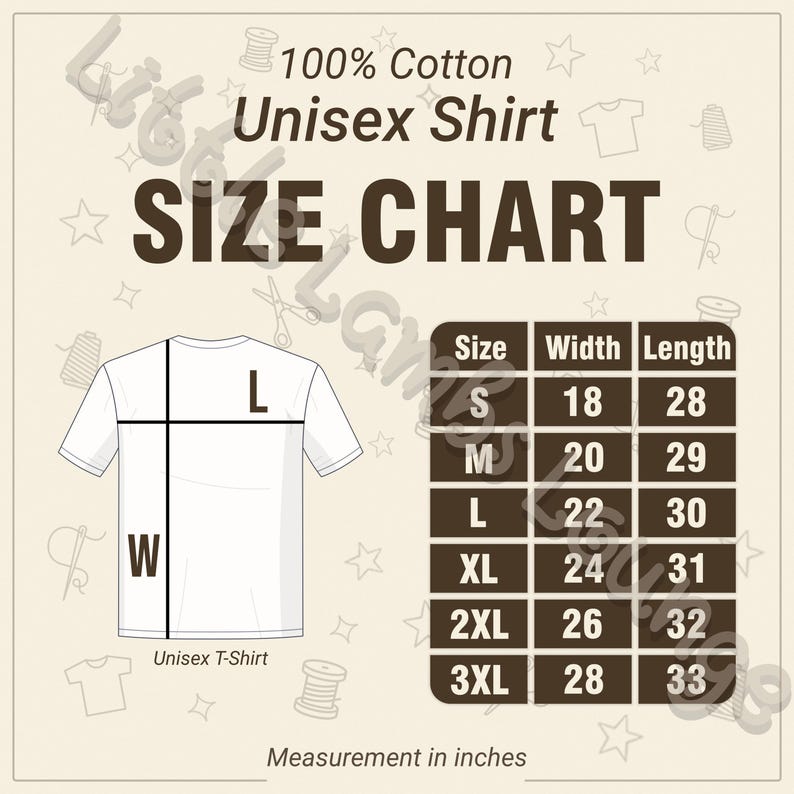 May include: A size chart for a unisex t-shirt, made of 100% cotton. The chart shows measurements in inches for sizes S to 3XL. The width of a size L shirt is 22 inches, and the length is 30 inches.