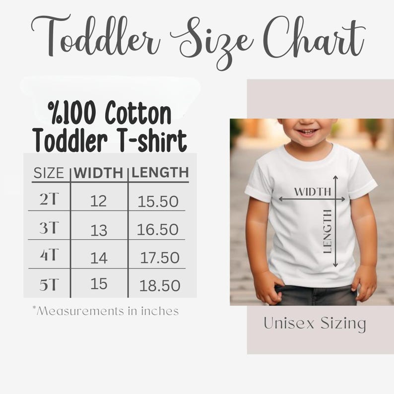 以下が含まれることがあります： インチ単位の測定値を持つ、白い幼児用Tシャツのサイズチャート。 2Tから5Tまでのサイズが含まれており、対応する幅と長さの測定値があります。「Unisex Sizing」というテキストも表示されています。