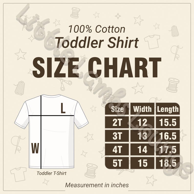 May include: A white toddler t-shirt size chart with measurements in inches. The chart includes sizes 2T, 3T, 4T, and 5T, with corresponding width and length measurements. The shirt is made of 100% cotton.
