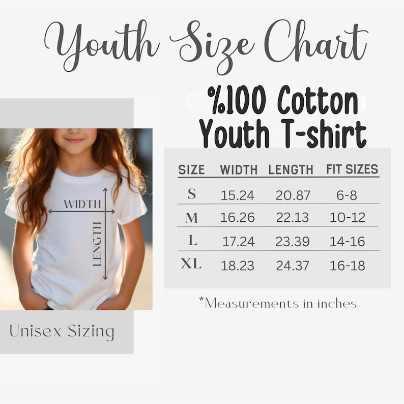 以下が含まれることがあります： 白の子供用Tシャツとサイズチャート。チャートは、SからXLまでの幅と長さのインチ単位の測定値を表示します。「Youth Size Chart」と「%100 Cotton Youth T-shirt」の文字。サイズは「Unisex Sizing」です。