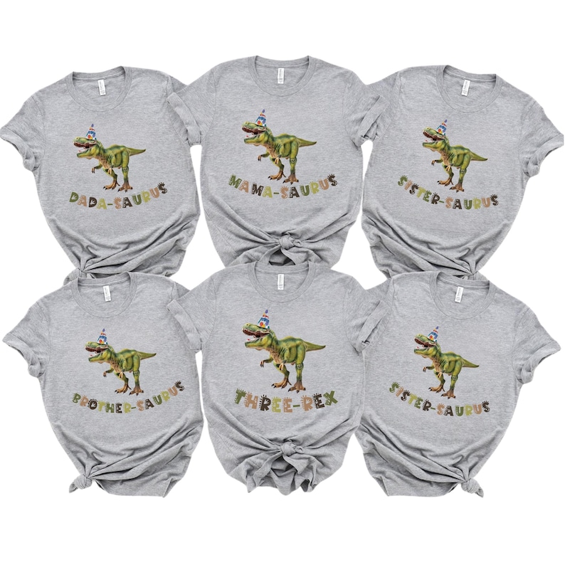 May include: Six grey t-shirts with dinosaur graphics and text. Each shirt features a green dinosaur wearing a party hat. Text includes "DADA-SAURUS", "MAMA-SAURUS", "SISTER-SAURUS", "BROTHER-SAURUS", and "THREE-REX".