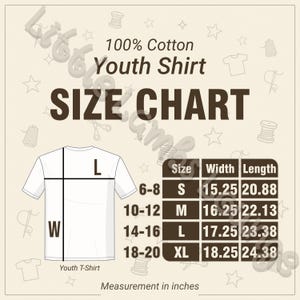 May include: A white youth t-shirt size chart with measurements in inches. The chart includes sizes S, M, L, and XL, with corresponding width and length measurements. The text "100% Cotton Youth Shirt" is at the top.