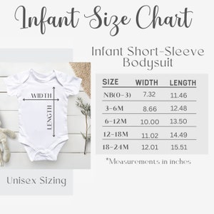 May include: A size chart for infant short-sleeve bodysuits. The chart shows the width and length measurements in inches for sizes NB (0-3) months, 3-6 months, 6-12 months, 12-18 months, and 18-24 months.