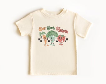 Chemise enfant Mangez vos légumes, chemise bébé végétalienne, vêtements bébé légumes mignons, chemise enfant naturelle rétro, chemise enfant légume mignonne