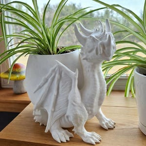 May include: A white dragon-shaped planter holding a green plant with long, thin leaves. The dragon has detailed wings, horns, and claws. The planter sits on a wooden surface near a window.