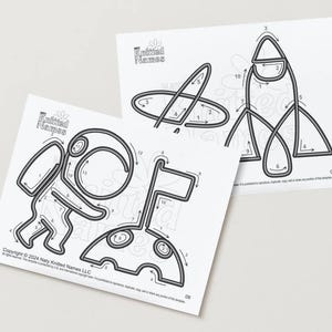 May include: Two white paper templates featuring black line drawings of space-themed shapes, including an astronaut and a rocket. The templates are numbered and have arrows. The text "Knitted Names" is visible.
