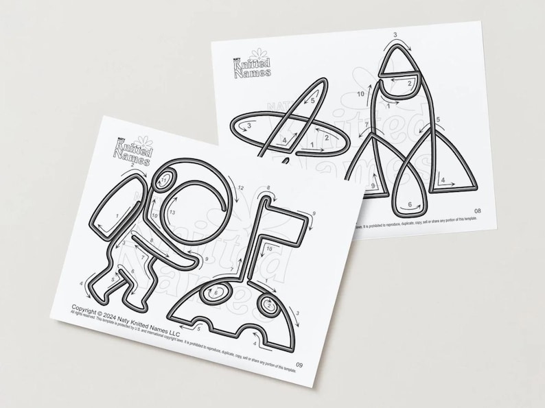 May include: Two white paper templates featuring black line drawings of space-themed shapes, including an astronaut and a rocket. The templates are numbered and have arrows. The text "Knitted Names" is visible.