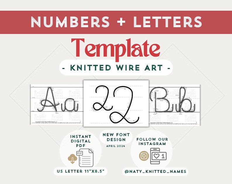 K&ouml;nnte beinhalten: Eine digitale Vorlage f&uuml;r Strickdrahtkunst mit dem Text NUMBERS + LETTERS, Template, KNITTED WIRE ART, INSTANT DIGITAL PDF, NEW FONT DESIGN APRIL 2024 und FOLLOW OUR INSTAGRAM. Das Format betr&auml;gt 27,94 cm mal 21,59 cm.