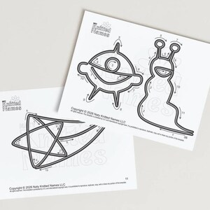 May include: Two white sheets of paper with black line drawings of abstract shapes and the text "Knitted Names". One sheet features a design with a spiral and the other has a design with a snail-like shape. Copyright 2026 Naty Knitted Names LLC is printed on the sheets.