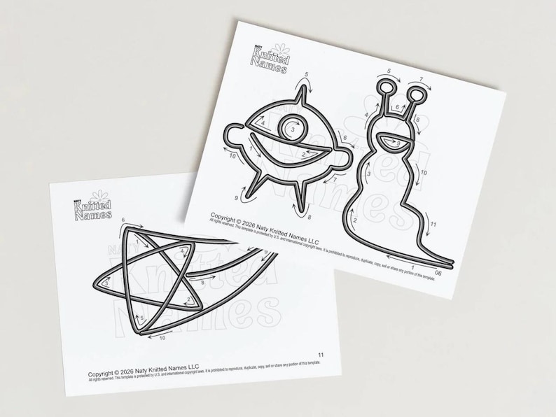 May include: Two white sheets of paper with black line drawings of abstract shapes and the text "Knitted Names". One sheet features a design with a spiral and the other has a design with a snail-like shape. Copyright 2026 Naty Knitted Names LLC is printed on the sheets.