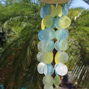 May include: A wind chime with a wooden top and strands of translucent, round, shell-like pieces in shades of yellow, blue, and white. The wind chime hangs against a backdrop of green palm leaves and a blue sky.