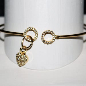 24k Gold Plated Adjustable Bangle Bracelet Features CZ Pave Accents and CV Pave Heart Charm ... B78