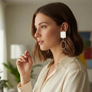 Clip On Earrings - Silver Ovals on Squares... Medium Drops! Very Light and Unique ...