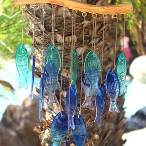 Glass Fish Wind Chime Done in a Variety of Blues - Colors Change as Sun Hits - Great Gift!