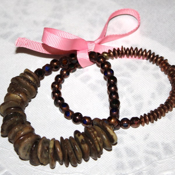 Chocolate Turquoise Dyed Bracelet and Copper Beaded Smaller-Easy Fit Stretch...Fits Different Wrist Sizes - Great Gift