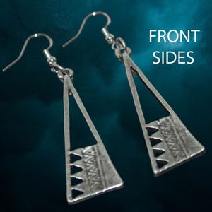 May include: A pair of silver triangle earrings with a geometric design. The earrings have a hook closure.