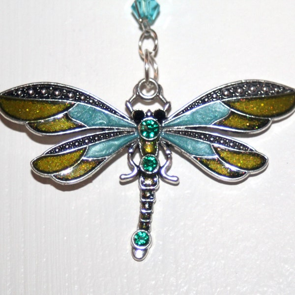 Dragonfly Rearview Mirror Drop in Lime and Light Blue - Easy On and Off With Chain and Clasp - Perfect for Stocking Stuffers