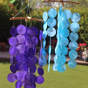 Large Capiz Shell Wind Chime All Done in Round Capiz Shells - Your choice of Deep Purple or Blue Turquoise!  Serene, Calming Sound!