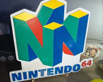 Grande placa com logotipo do Nintendo N64 gravado em madeira – Arte de parede para jogos retrô – Decoração de colecionador