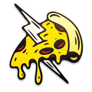 May include: A yellow and black cartoon pizza slice with red pepperoni and a lightning bolt coming out of the top.