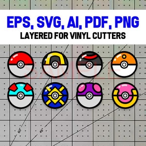 Paquete de imágenes en formato SVG de Pokémon Ball. Archivos vectoriales de Pokémon en capas para Silhouette, Cricut, Brother y xTool