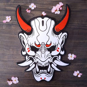 Engraved Wood Japanese Oni Devil Wall Art – Traditional Mask Decor – Mythical Creature Sign – Japanese Art