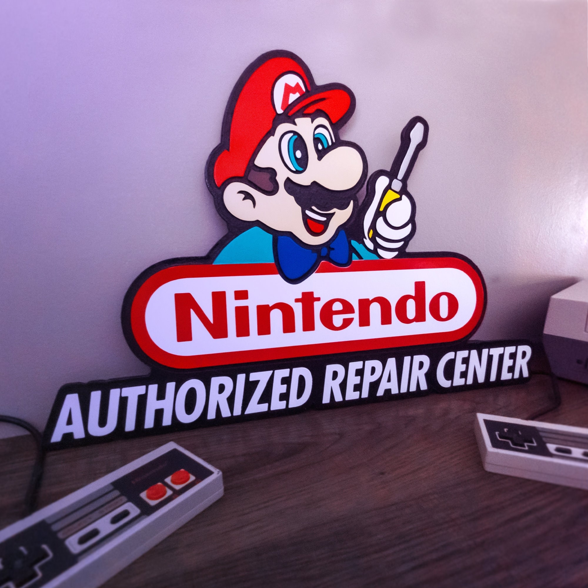 Grande placa autorizada da Nintendo - Arte de parede para videogame em madeira gravada em CNC - Decoração para sala de jogos - Presente para jogos retrô