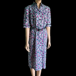 Vestido-camisa vintage dos anos 80 para senhoras, tamanho 14, Reino Unido | Estampa floral abstrata | Cinto midi | Fabricado na Grã-Bretanha