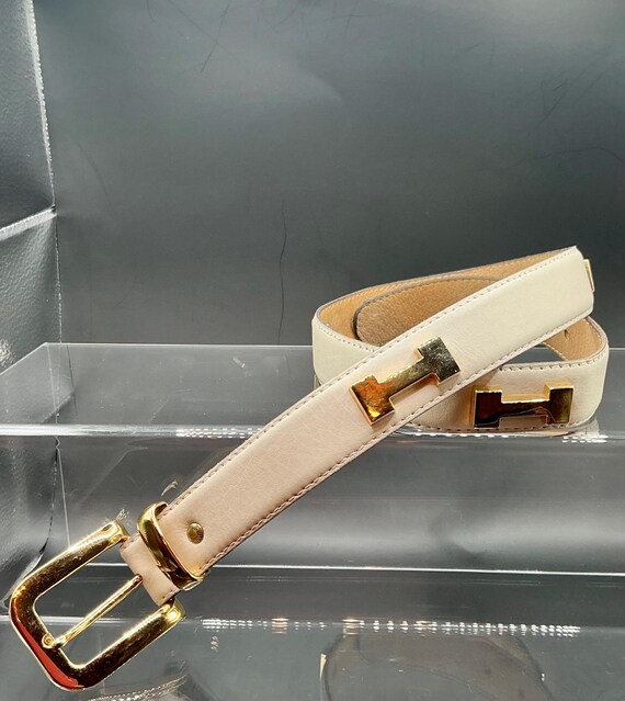 Vintage Cream Leather Belt With Gold Hardware Detail - Etsy  display picture 3