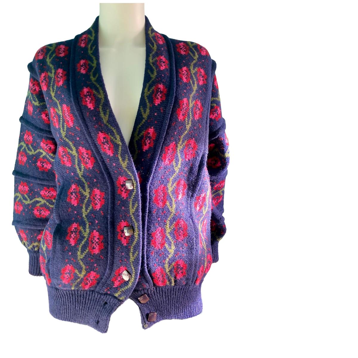 Vintage High Heritage Floral Knit Cardigan: Chunky 80s British 