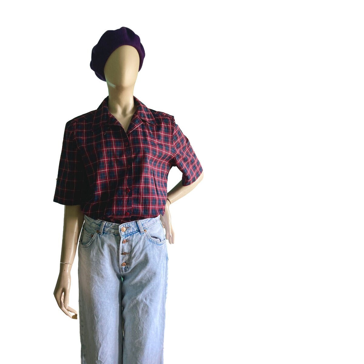 Vintage Viyella British Heritage Kurzarm Tartan Hemd Bluse 1980s dunkelrote Bluse 1980er Jahre UK