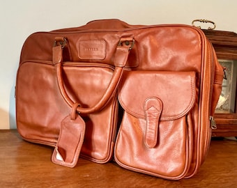 Vintage Jensen Cognac Leather Garment Bag Weekend Holdall Suit Carrier Laptop Travel Bag Overnight