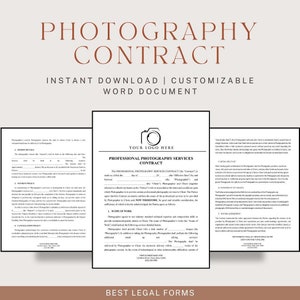 May include: A photography contract template with a camera icon and the text "Professional Photography Services Contract" in a black and white design. The contract includes sections for "Scope of Work", "Payment Policy", "Cancellation Policy", and "Ethical Agreement".