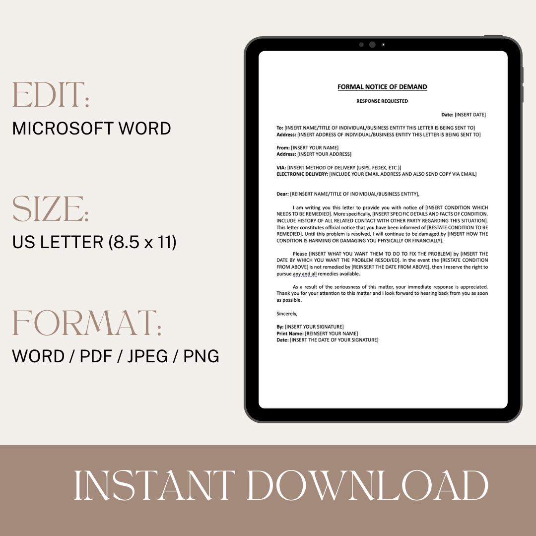 Sample Demand Letter Template - Printable Word Document. Instant Download. - Etsy