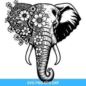 May include: A monochrome illustration of an elephant's head, decorated with floral designs. The elephant's features are finely detailed, and the flowers provide an ornamental element. The image includes the text "SVG PNG EPS DXF" at the bottom.