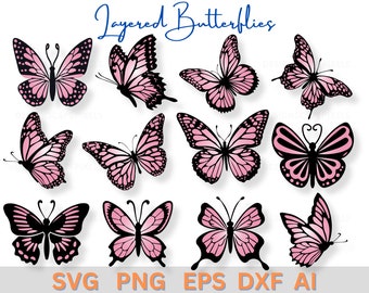 Layered Butterfly SVG Bundle: Pink Butterfly Clipart (Digital Download)