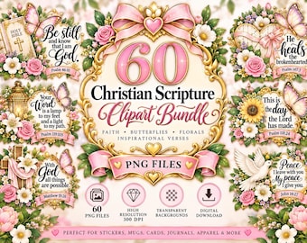 60 Christian Scripture PNG Bundle Bible Verse Butterfly Floral Clipart, Faith Inspirational Designs, Sublimation, Stickers, Digital Download