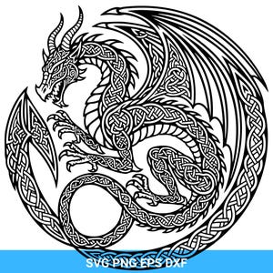 Puede incluir: Ilustración en blanco y negro de un dragón en un diseño circular. El dragón presenta intrincados patrones de nudos celtas en su cuerpo, alas y cola. La imagen incluye el texto "SVG PNG EPS DXF".