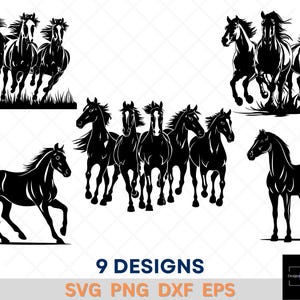 9 Mustang Horse Silhouette SVG Bundle | Wild Horse Clipart | Cowboy Western Riding Cut Files | SVG DXF Png Eps for Cricut & Silhouette