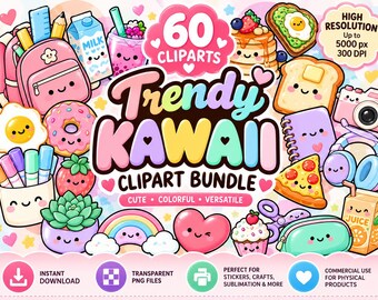 60 Trendy Kawaii Clipart Bundle, Cute Pastel PNG Clip Art, Kawaii Food School Supplies, Cute Digital Download, Commercial Use PNG