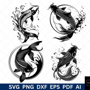 May include: Four black and white illustrations of koi fish swimming in water. Each fish is depicted in a different pose, with water swirling around them. The illustrations are perfect for use in a variety of projects, such as t-shirts, mugs, and home decor.