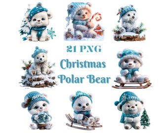 Puede incluir: Una colección de 21 imágenes PNG con adorables osos polares con ropa de invierno. Cada oso lleva un gorro y una bufanda azules, algunos con copos de nieve, y se representan con árboles de Navidad, trineos y bastones de caramelo. También está presente el texto "Christmas Polar Bear".