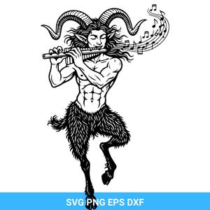 May include: Black and white illustration of a mythical creature playing a flute. The creature has horns, a muscular torso, and the lower body of a goat. Musical notes flow from the flute.