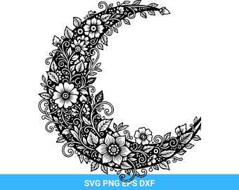 Floral Crescent Moon SVG: Mandala Clipart, Boho Celestial Cut File